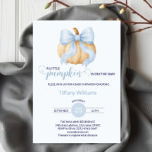 Blue bow pumpkin baby shower minimalistic