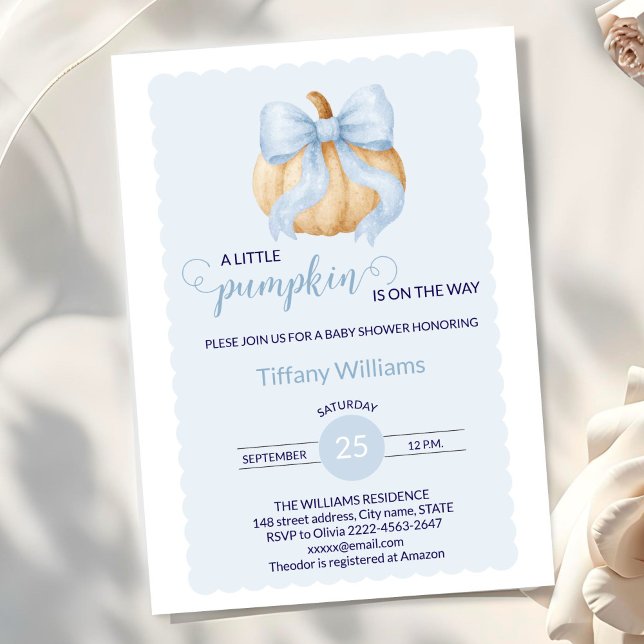 Blue bow pumpkin baby shower minimalistic  invitation (Little Pumpkin Baby Shower Invitation Boy | Blue Bow Fall Theme)