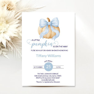 Blue bow pumpkin baby shower minimalistic invitation
