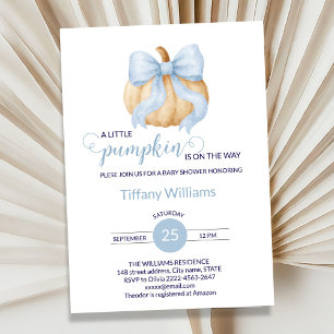 Blue bow pumpkin baby shower minimalistic invitation