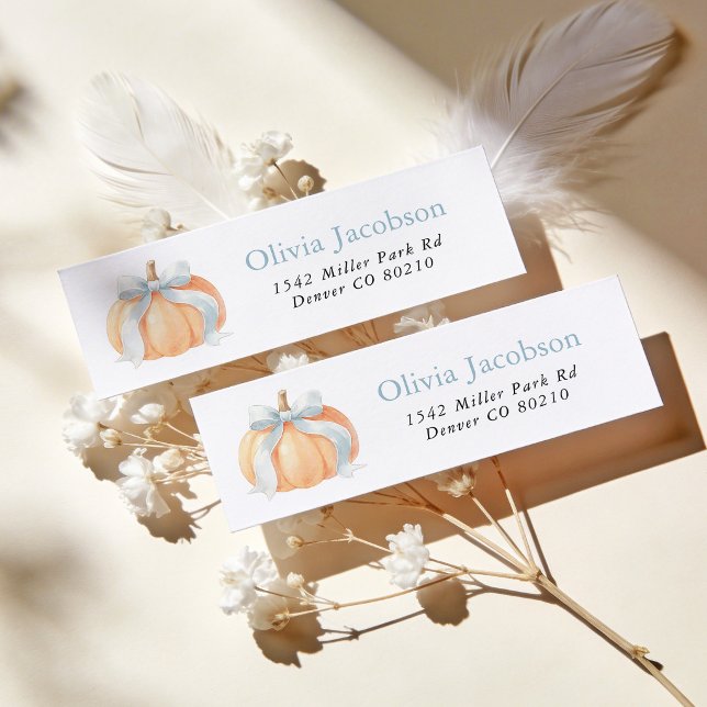 Blue Bow Pumpkin Baby Shower Return Address (Creator Uploaded)