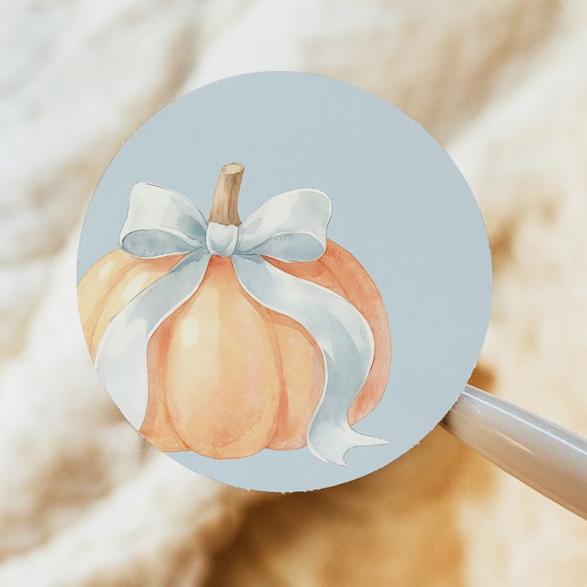 Blue Bow Pumpkin Boy Baby Shower Classic Round Sticker (Creator Uploaded)