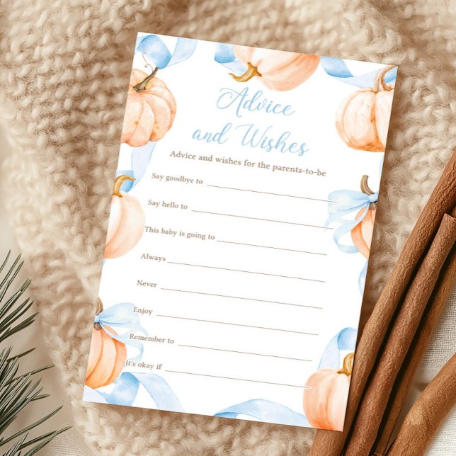 Blue Bow Pumpkin Shower Advice and Wishes Game (Boy Bow Pumpkin Baby Shower Advice and Wishes Game)