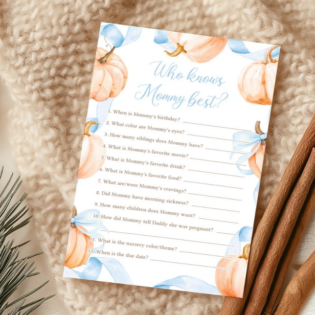 Blue Bow Pumpkin Who Knows Mummy Best Game (Boy Bow Pumpkin Baby Shower Who Knows Mommy Best Game)