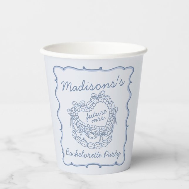 Blue Bow Retro Heart Coquette Cake Bachelorette Paper Cups (Front)