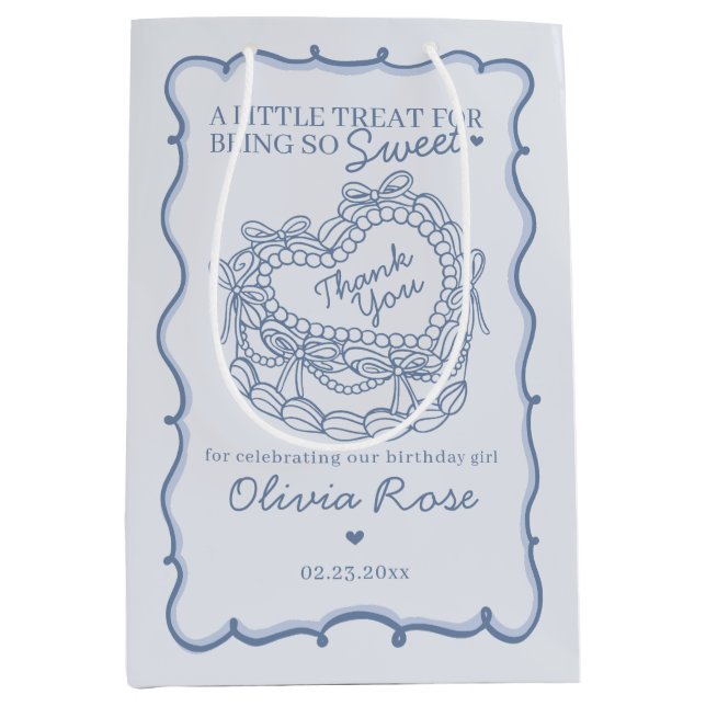 Blue Bow Retro Heart Coquette Cake Birthday Medium Gift Bag (Front)