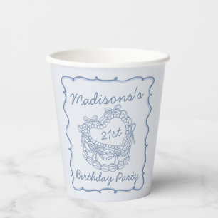 Blue Bow Retro Heart Coquette Cake Birthday Paper Cups