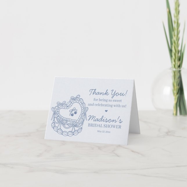 Blue Bow Retro Heart Coquette Cake Bridal Shower Thank You Card (Front)