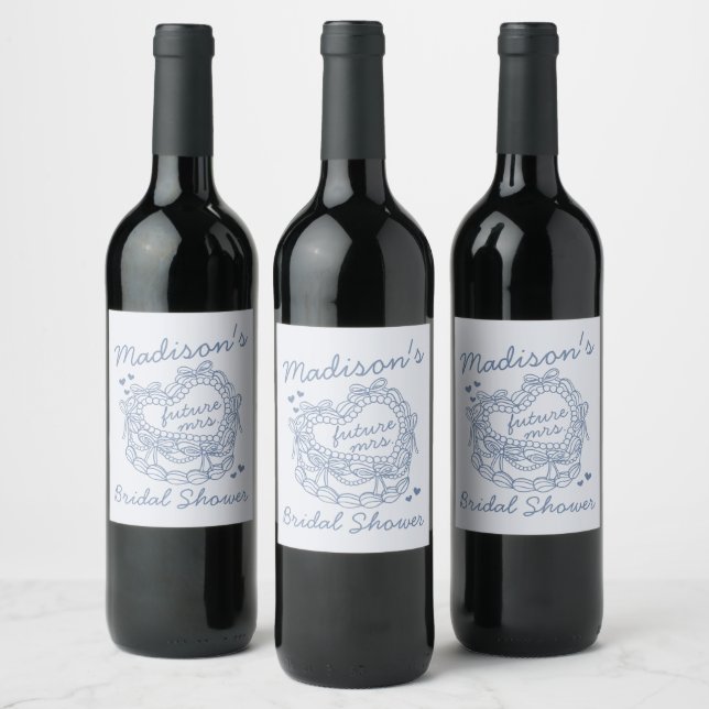 Blue Bow Retro Heart Coquette Cake BridalShower Wine Label (Bottles)