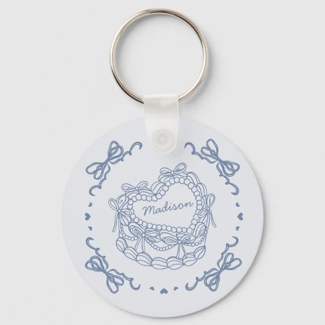 Blue Bow Retro Heart Coquette Cake Favours Key Ring (Front)