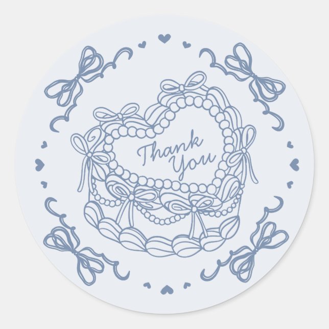 Blue Bow Retro Heart Coquette Cake Thank You Classic Round Sticker (Front)