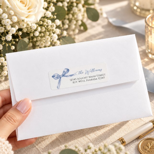 Blue Bow Return Address Labels (Dusty Blue Bow Return Address Label, watercolor ribbon, for wedding envelopes)