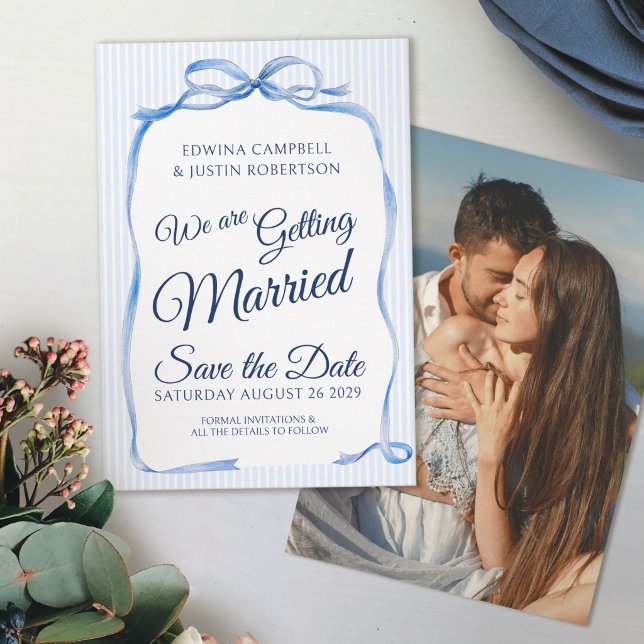 Blue bow ribbon art stripes save the date cards (Creator Uploaded)