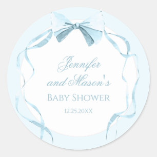 Blue bow ribbon classic preppy baby boy shower round sticker
