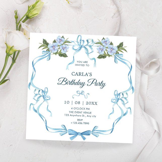Blue bow ribbon floral birthday invitation (Creator Uploaded)