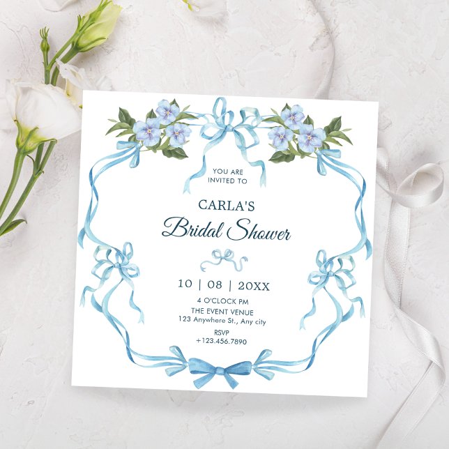 Blue bow ribbon floral bridal shower invitation (Creator Uploaded)