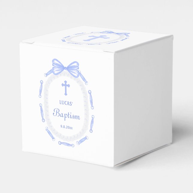Blue Bow Ribbon Frame Baptism Cube Favour Box (Front Side)