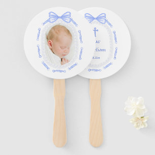 Blue Bow Ribbon Frame Baptism Hand Fan