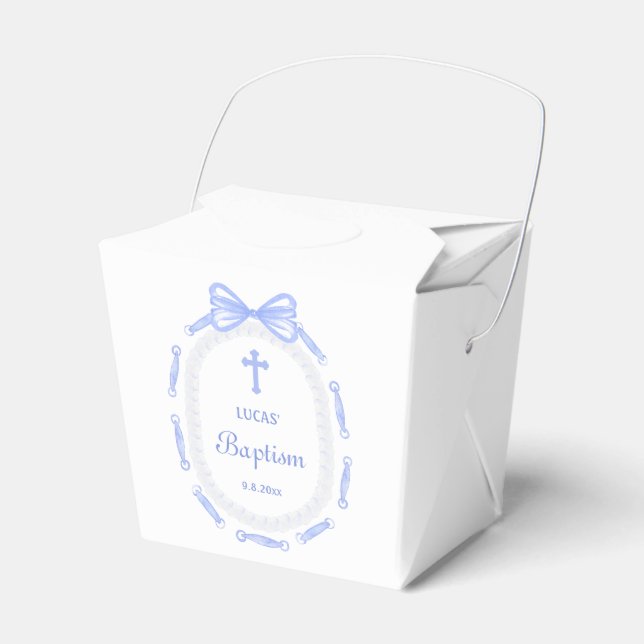 Blue Bow Ribbon Frame Baptism Take Out Favour Box (Front Side)