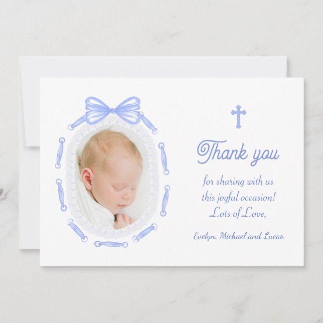 Blue Bow Ribbon Frame Baptism Thank You Card (Front)