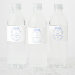 Blue Bow Ribbon Frame Baptism Water Bottle Label