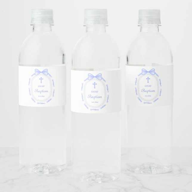 Blue Bow Ribbon Frame Baptism Water Bottle Label (Bottles)