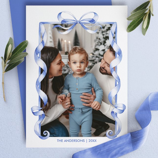 Blue Bow Ribbon Frame Christmas Family Photo  Holiday Card (Creator Uploaded)