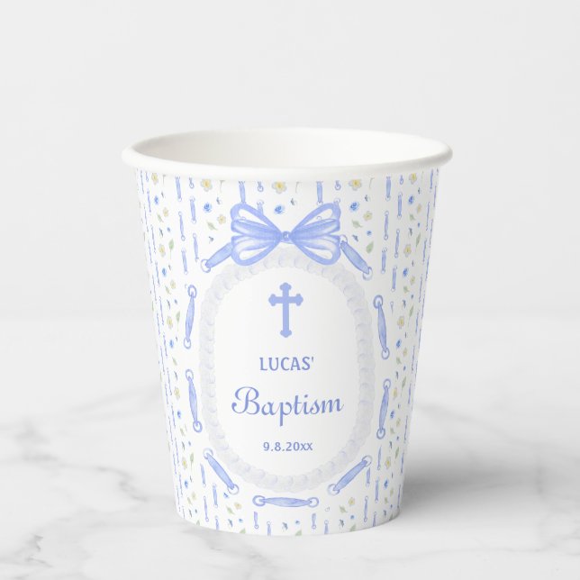 Blue Bow Ribbon Frame Floral Baptism Paper Cups (Front)