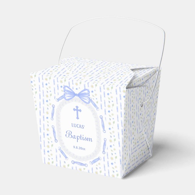 Blue Bow Ribbon Frame Floral Baptism Take Out Favour Box (Front Side)