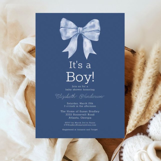 Blue Bow Ribbon It's a Boy Baby Shower Invitation (Creator Uploaded)
