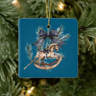 Blue Bow Rocking Horse Christmas Ceramic Ornament