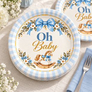 Blue Bow Rocking Horse Oh Baby Paper Plates