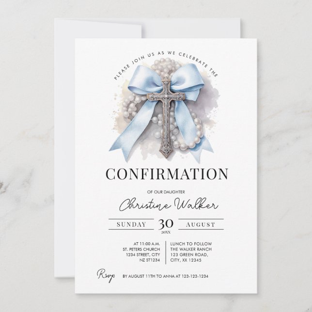 Blue Bow & Rosary Confirmation Invitation (Front)