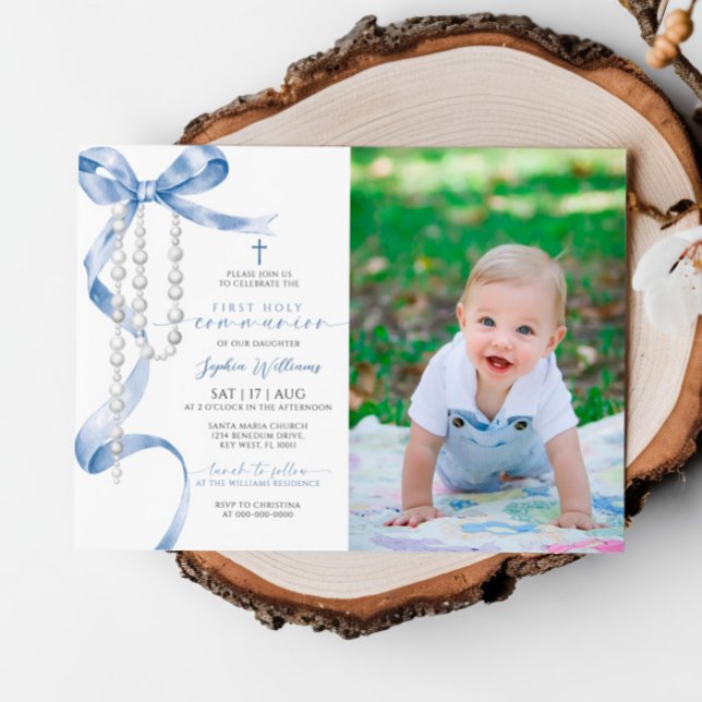 Blue Bow & Rosary Photo First Holy Communion Invitation (Creator Uploaded)
