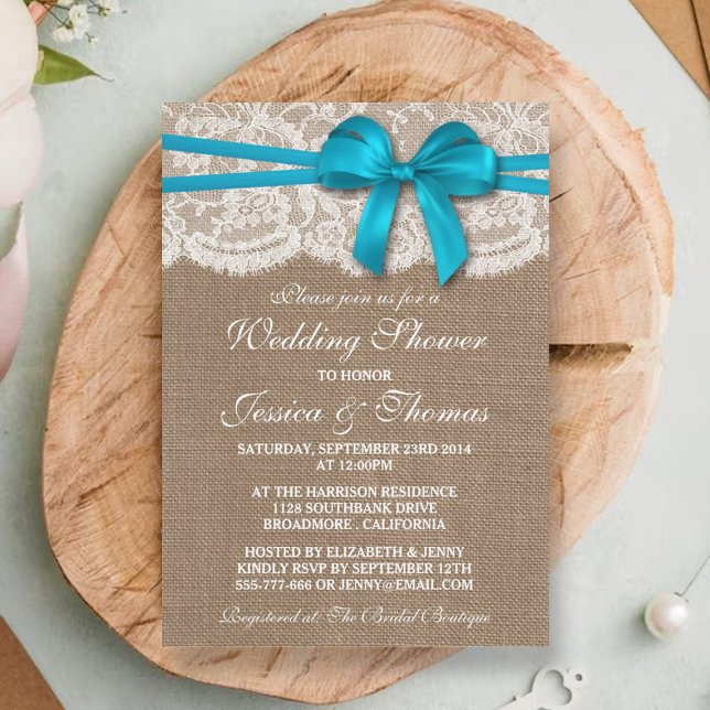 Blue Bow Rustic Burlap & Lace Wedding Shower Invitation (Creator Uploaded)