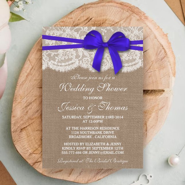 Blue Bow Rustic Burlap & Lace Wedding Shower Invitation (Creator Uploaded)