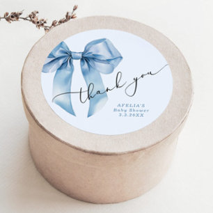 Blue Bow script Oh boy Baby shower Thank you Classic Round Sticker