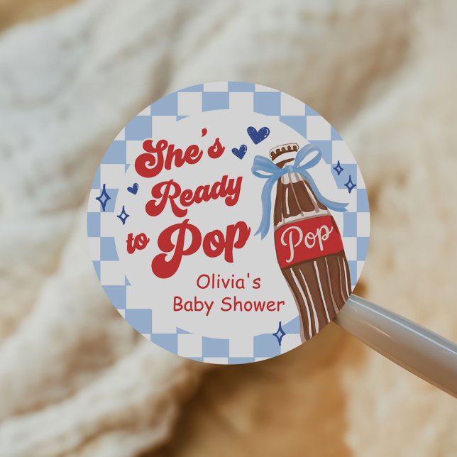 Blue Bow She's Ready to Pop Baby Shower Classic Round Sticker (Creator Uploaded)