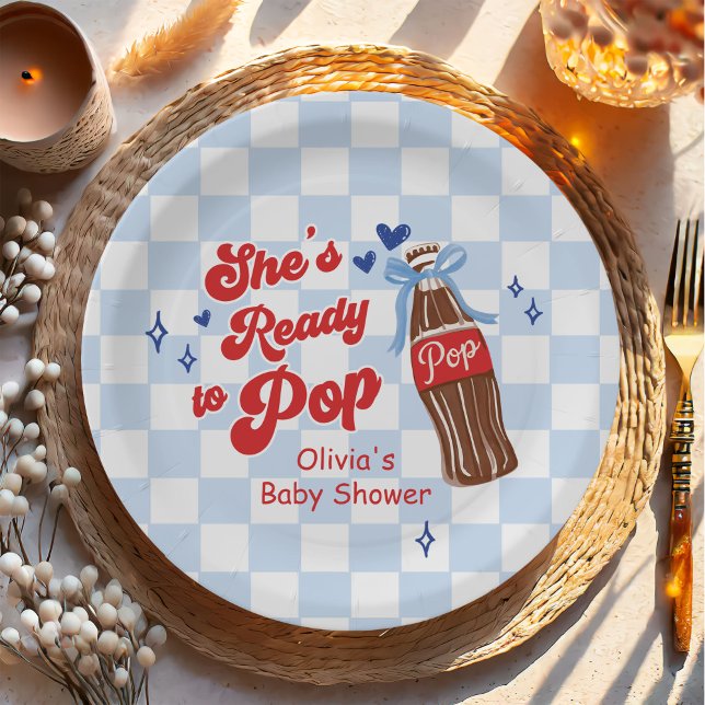 Blue Bow She's Ready to Pop Baby Shower Paper Plate (Creator Uploaded)