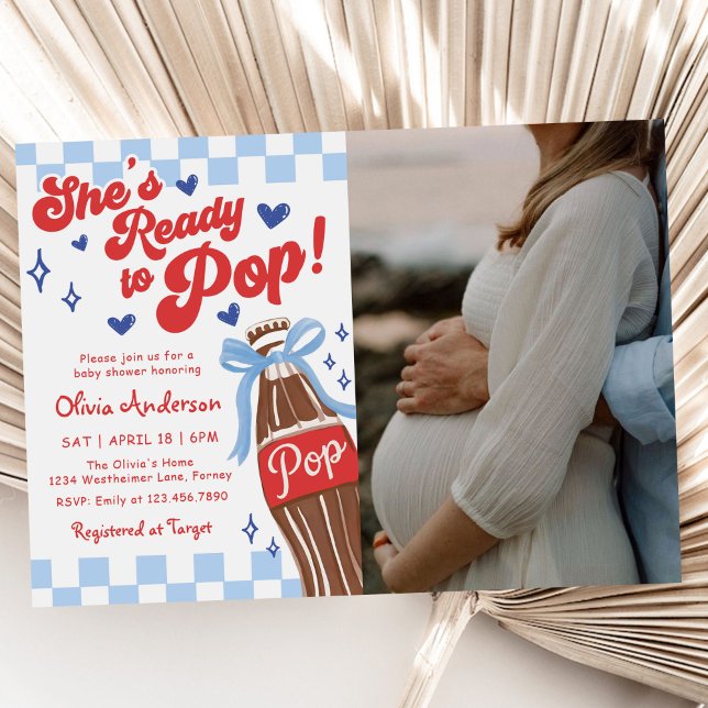 Blue Bow She's Ready to Pop Baby Shower Photo Invitation (Creator Uploaded)