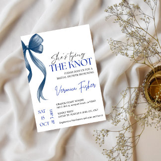 Blue bow she's tying the knot bridal shower invitation