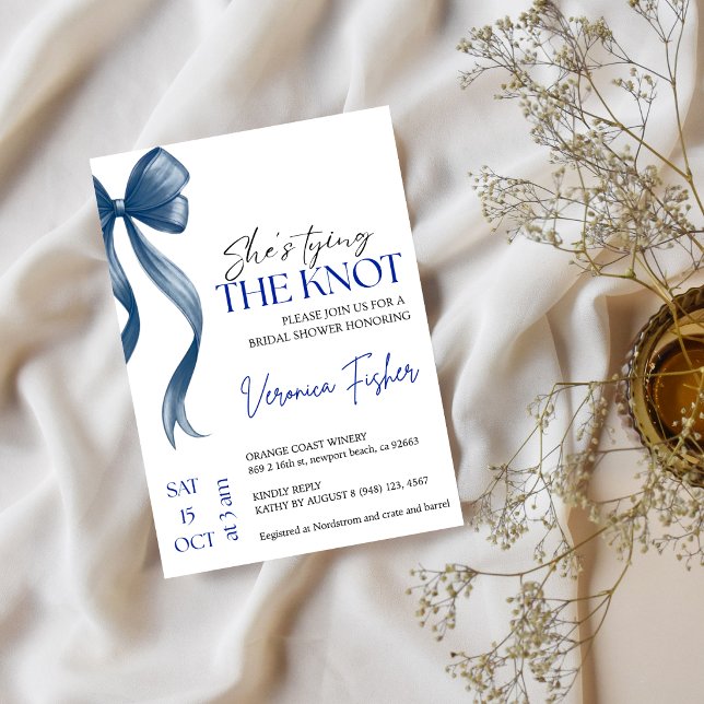 Blue bow she's tying the knot bridal shower invitation (Creator Uploaded)