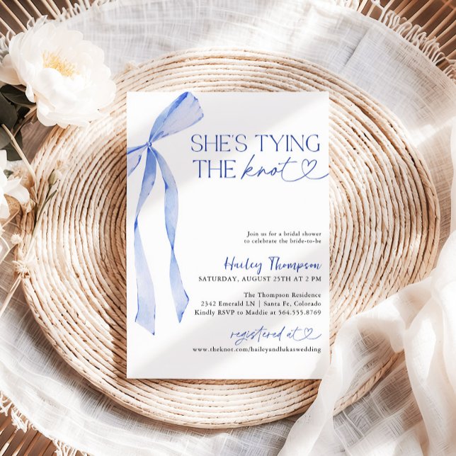 Blue Bow She's Tying The Knot Bridal Shower Invitation (Creator Uploaded)