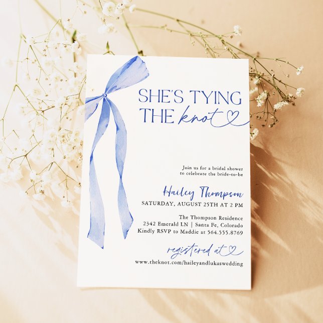 Blue Bow She's Tying The Knot Bridal Shower Invitation (Creator Uploaded)