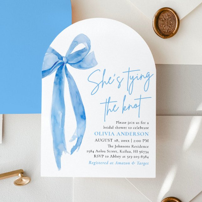 Blue Bow She's Tying the Knot Bridal Shower Invitation (Modern Watercolor Dusty Blue Bow She's Tying the Knot Arch Bridal Shower Invitation)