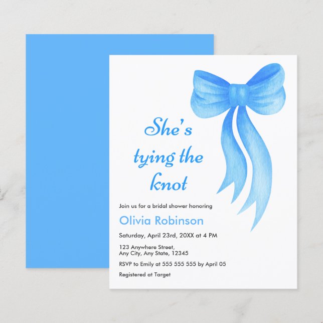 Blue Bow She's Tying the Knot Bridal Shower Invite (Front/Back)