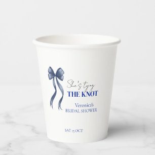 Blue bow she's tying the knot bridal shower paper cups