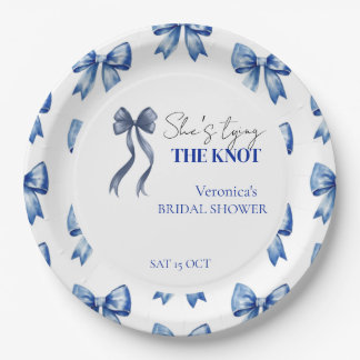 Blue bow she's tying the knot bridal shower paper plate