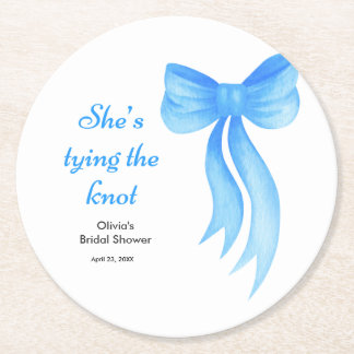 Blue Bow She's Tying the Knot Bridal Shower  Round Paper Coaster