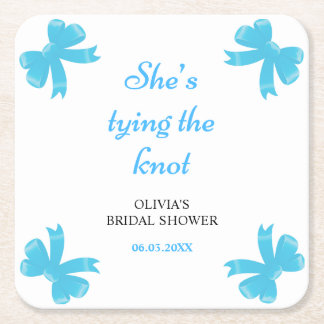 Blue Bow She's Tying The Knot Bridal Shower Square Paper Coaster